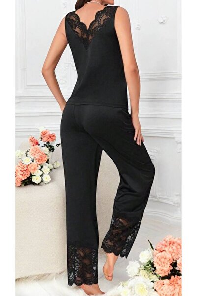 BLACK Fekete csipke Viscon női pizsama szett - V