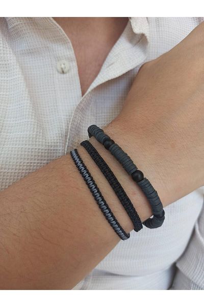 TREND Men's Bracelet Combination Set of 3 - Knitted Macrame, String Onyx Stone Fimo Gift