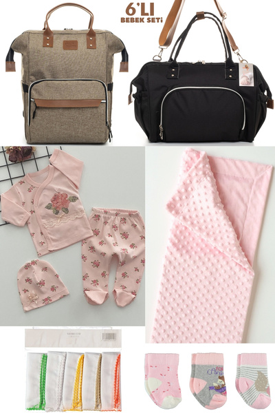 Bombinoo 6’LI BEBEK DOĞUM SETİ(HASTANE ÇIKIŞ,ANNE&BEBEK BAKIM OMUZ VE SIRT ÇANTASI,BATTANİYE,ÇORAP VE MENDİL)