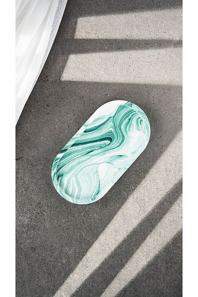 Miselyumco Decorative Marble Look Antique Green Concrete Candle, Jewelry and Flower Pot Base Oval Tray
