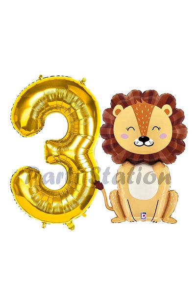 Parti Station 3 Year Old Lion Balloon Set - Safari Concept, Gold Color Number Balloon