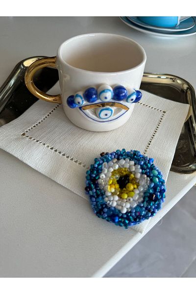 Hatice sakallı design Evil Eye Bead Embroidered Coffee Side Cocktail Serving Napkin (1 Piece)