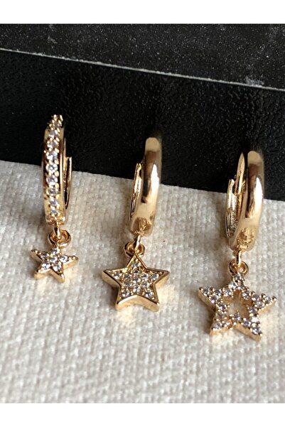 Di Amore Accessorise Kadın Zirkon Taş Üçlü Yıldız Model Gold Küpe Seti