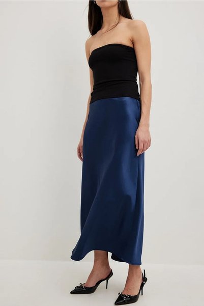 afeta Fusta midi din satin bleumarin
