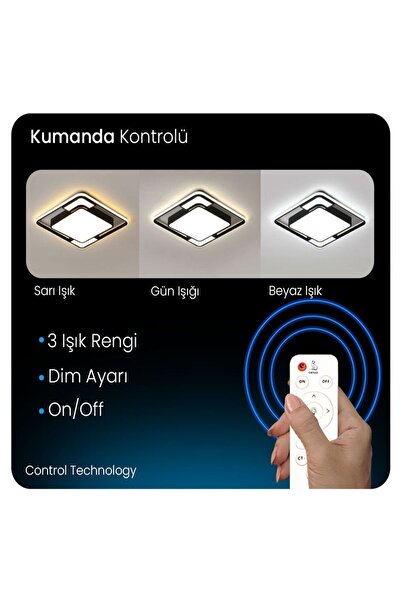 CATLUZ Işık Karesi Kumandalı Dimli 3 Işık Renkli 50x50cm Led Tavan Lambası, Modern Aydınlatma, Avize