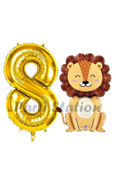 Parti Station مجموعة بالونات أسد لعمر 8 سنوات - مفهوم سفاري، بالون ذهبي اللون