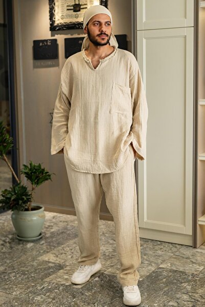 Zeliha Baysan Müslin Erkek Bol Hac Umre Namaz Takım Bej