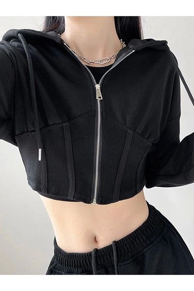 Gofeel New Zippered Black Crop Corset Cardigan
