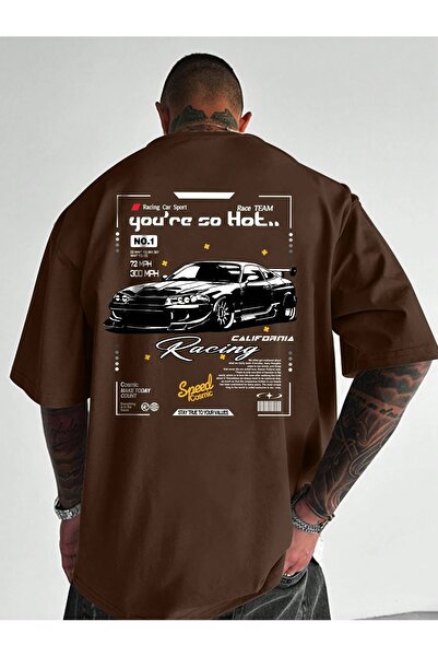 over head oh Чоловіча футболка Oversize - Коричнева з принтом гоночного автомобіля