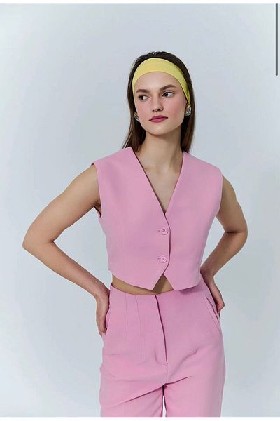 Quzu Button Detailed Short Vest Jacket Pink