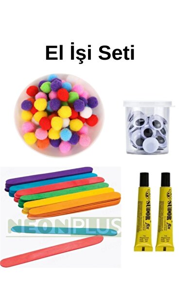 NEON PLUS El İşi Seti ,Dil Çubuğu 50'li, 50'li Renkli Ponpon,Oynar Göz, 7gr Y...