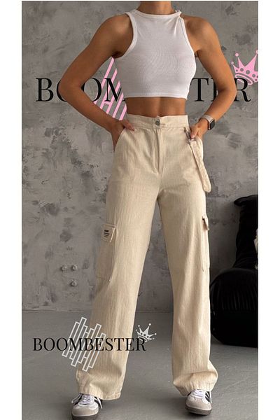 BoomBester High Waist Beige Linen Trousers - Cargo Pocket