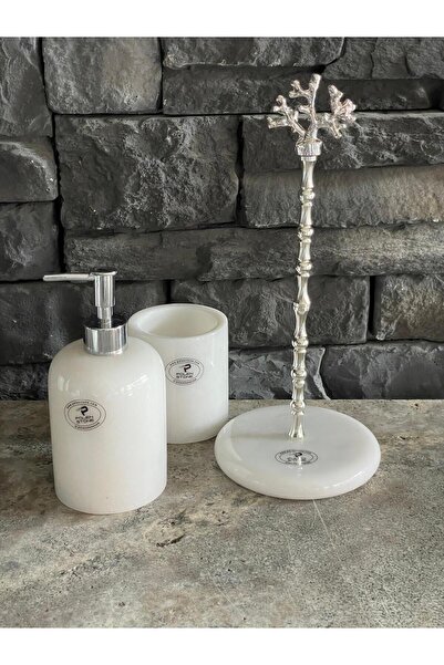 Polen Stone Set de baie din 3 piese din marmură albă, argintiu, coral - cu ac...