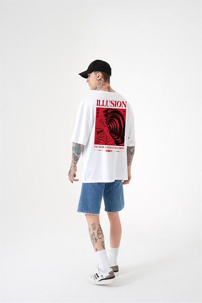 DEEPSENCE Ανδρικό λευκό μπλουζάκι Oversize - Loose Cut, Basic Print, Βαμβακερό