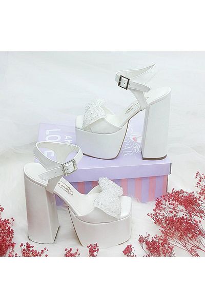ASLIACAR 16 Cm Platfome Heeled Pearl Bow Detailed Bridal Shoes