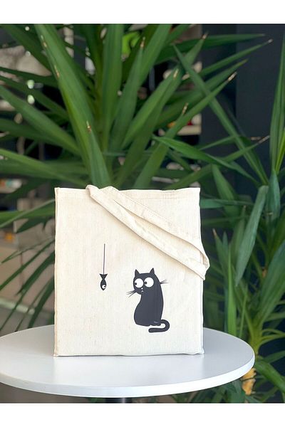 bezçantadünyası Raw Cloth Shoulder Bag - With Cat Catching Fish