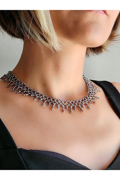 Eva Takı Etnik Bohem Mor Pembe Rengarenk Salkım Model Kum Kristal Boncuk Kolye El Yapımı