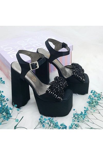 ASLIACAR 16 cm High Heeled Women's Black Satin Evening Dress Shoes with Low Slope Platform and Bow Detail