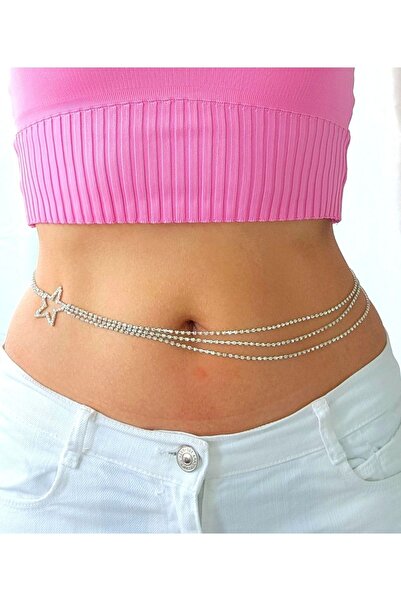 Eva Takı Kristal Taşlı Gümüş Renk Yıldız Figürlü 3'lü Vücut Kolyesi - Aksesuar - Bel - Zincir Tasarım