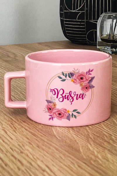Hedizu Kişiye Özel Çiçekli İsim Yazan Pastel Fincan Pembe Arkadaşa Doğum Günü...