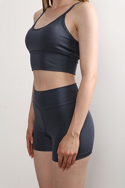 missmaral High Waist Anthracite Mini Shorts Boxer and Padded Rope Strap Bustier Sports Set - 3080