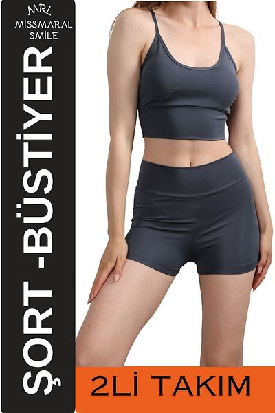 missmaral High Waist Anthracite Mini Shorts Boxer and Padded Rope Strap Bustier Sports Set - 3080
