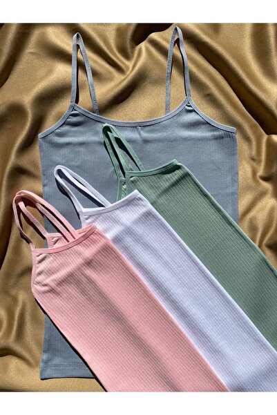LEYNA BUTİK Corduroy, Cotton, Lycra, 4 Pieces Women's Rope Strap Ribbed Undershirt (Pink-Blue-Green-White)
