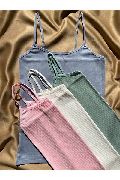 LEYNA BUTİK Corduroy, Cotton, Lycra, 4 Pieces Women's Rope Strap Ribbed Undershirt (Pink-Blue-Green-Ecru)