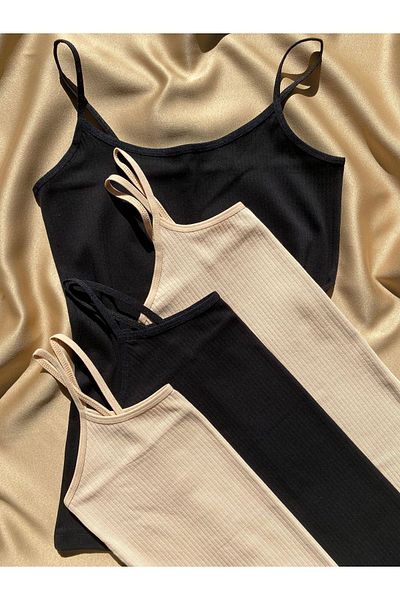 LEYNA BUTİK Corduroy, Cotton, Lycra, 4 Pieces Women's Rope Strap Ribbed Undershirt (2 Black - 2 Skin)