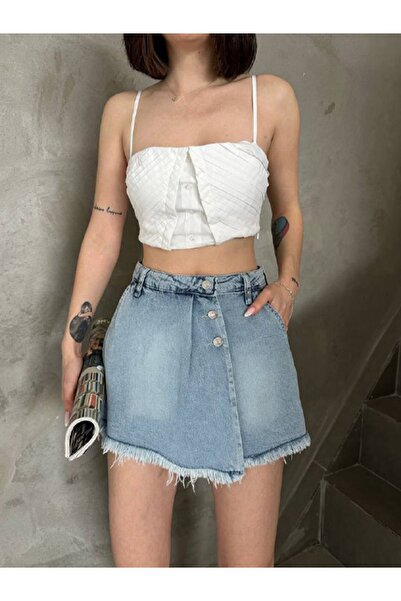 Panku Bizu Design Store Taylor Düğmeli Püskül Uç Detaylı Kot Şort Etek