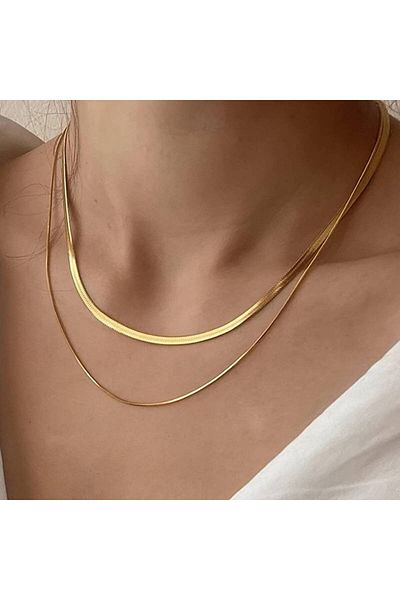 Foxyn Fxn-09S Stylish 2 Pieces Short Plain Minimalist Trendy Style Layered Stainless Steel Necklace