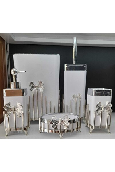 MEYLACO طقم حمام - أبيض مع عصا فضية على شكل فراشة