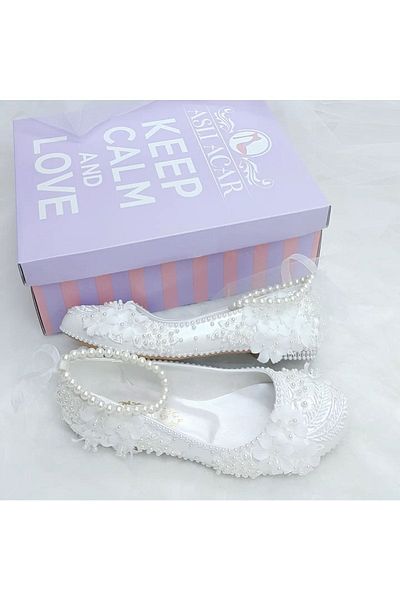 ASLIACAR Special Design Flower Motif Lace Detailed Ballerina Bridal Shoes Aslı Acar