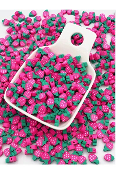Ebruli Boncuk Χάντρες Fimo με σχέδιο φρούτων φράουλας 10mm - 100 τεμάχια
