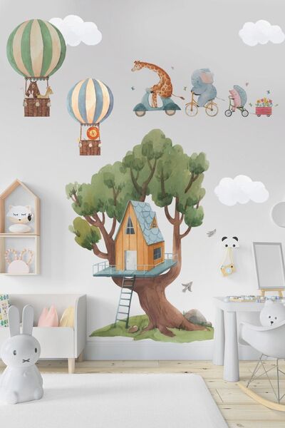 KT Decor Mutluluk Diyarı Ağaç Ev Ve Sevimli Hayvanlar Çocuk Ve Bebek Odası Du...