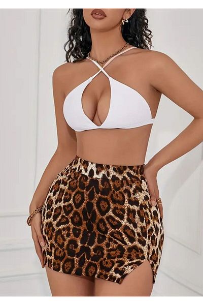 Lion Collection Leopard Patterned and Slit Mini Skirt