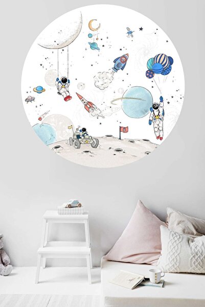 KT Decor Yuvarlak Manzara Astronot Ve Gezegenler Çocuk Ve Bebek Odası Duvar S...