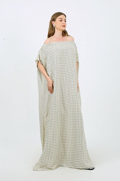 PALMMAMA Cream Satin Women's Caftan - Greek Bohemian, Deep Slit and Off-Shoulder