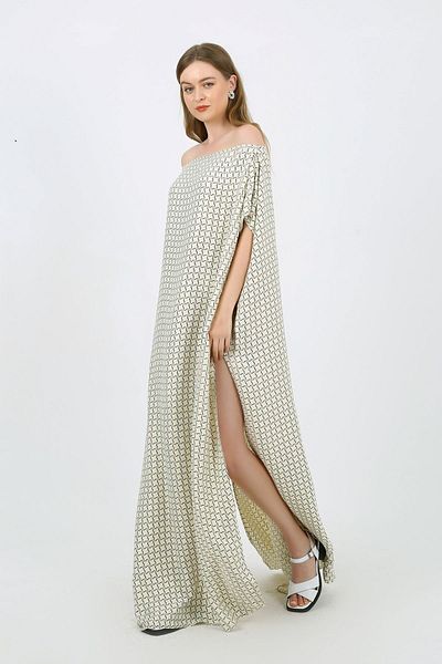 PALMMAMA Cream Satin Women's Caftan - Greek Bohemian, Deep Slit and Off-Shoulder