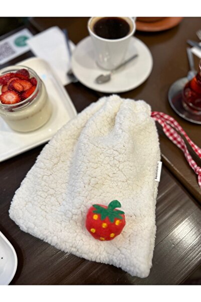 Sumicorn Design Peluş Çilek Pötikareli Astarlı Büzgülü Ipli Düzenleyici Kese Makyaj Çantası Bez Poşet Ekru