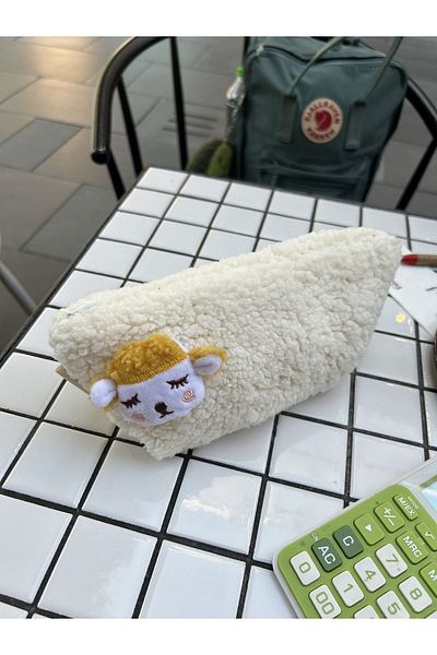 sumicorn Cute Lamb Plush Washable Zippered Gingham Lined Cloth Pen Holder Pencil Case Makeup Bag