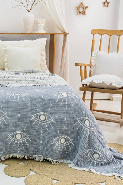 MEET MAYA NATURAL Покривало для ліжка, піке, покривало для дивана, ковдра з візерунком «Око» з мусліну, розмір 240x260 см