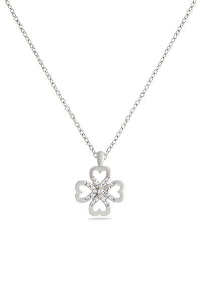 ANGELSS JEWELLERY Kalp Detaylı Dört Yapraklı Yonca Gümüş Çelik Kolye