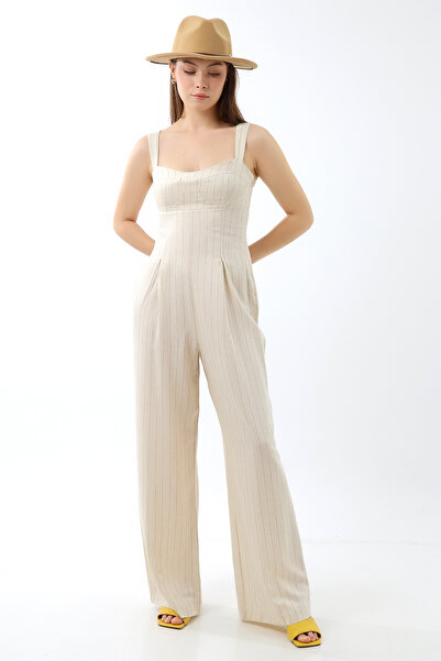 LVNZ Çizgili Keten Uzun Tulum Ekru