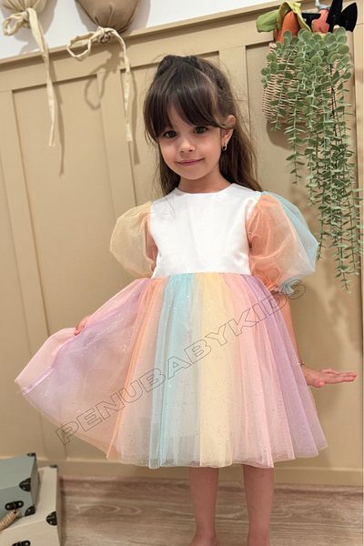 penu baby kids Matte Satin Baby Girl Dress - Color Transition and Glitter Balloon Sleeve
