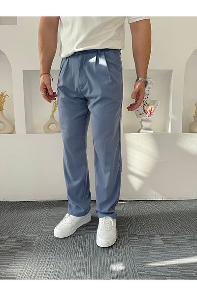 UTTBASİC Light Blue Baggy Pleated Fabric Trousers