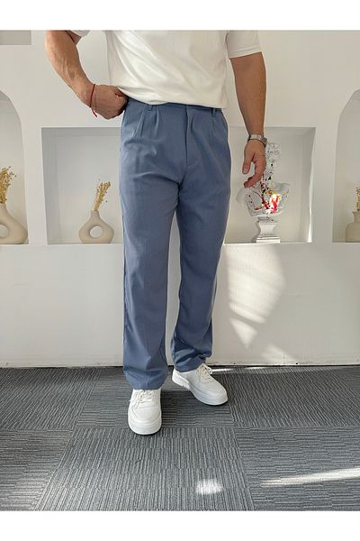 UTTBASİC Light Blue Baggy Pleated Fabric Trousers