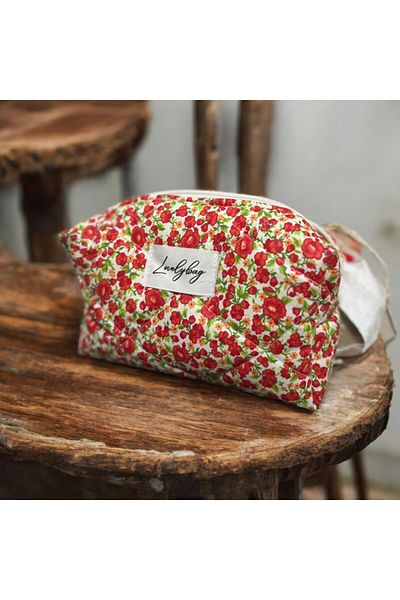 LOVELYBAG ЧЕРВЕНА ГОЛЯМА ХРУПКАВА ЧАНТИЧКА ЗА ГРИМ С ЦВЕТЯ
