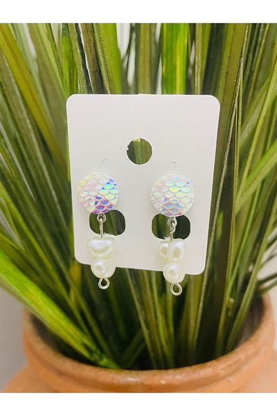 1PARÇAMAVİ Pearl White Mermaid Clip Bridal Earrings - Non-perforated Ear