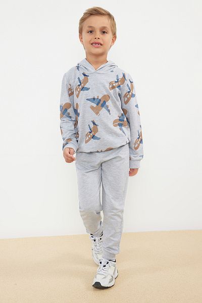 TRENDYOLKIDS Boy Gray Melange Slogan Cotton Suit - Tkdaw25Au00008